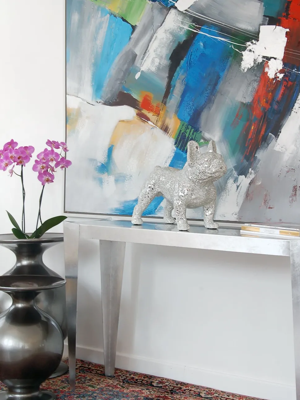 French Bulldog 38cm Silver Resin Indoor Sculpture