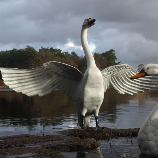 Grand Pair of Swans Antique White Metal Garden Statues