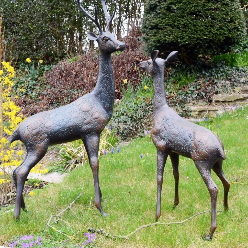 Grand Stag & Doe Bronze Metal Garden Statues