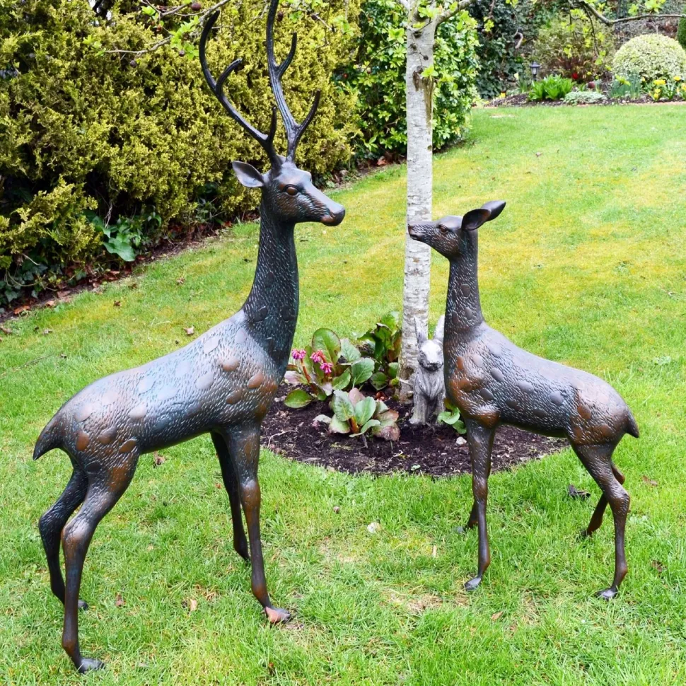Grand Stag & Doe Bronze Metal Garden Statues