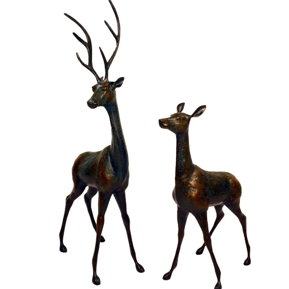 Grand Stag & Doe Bronze Metal Garden Statues