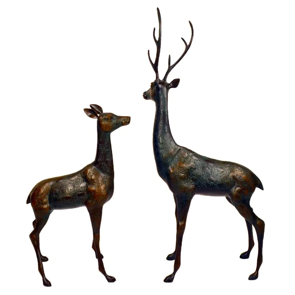 Grand Stag & Doe Bronze Metal Garden Statues