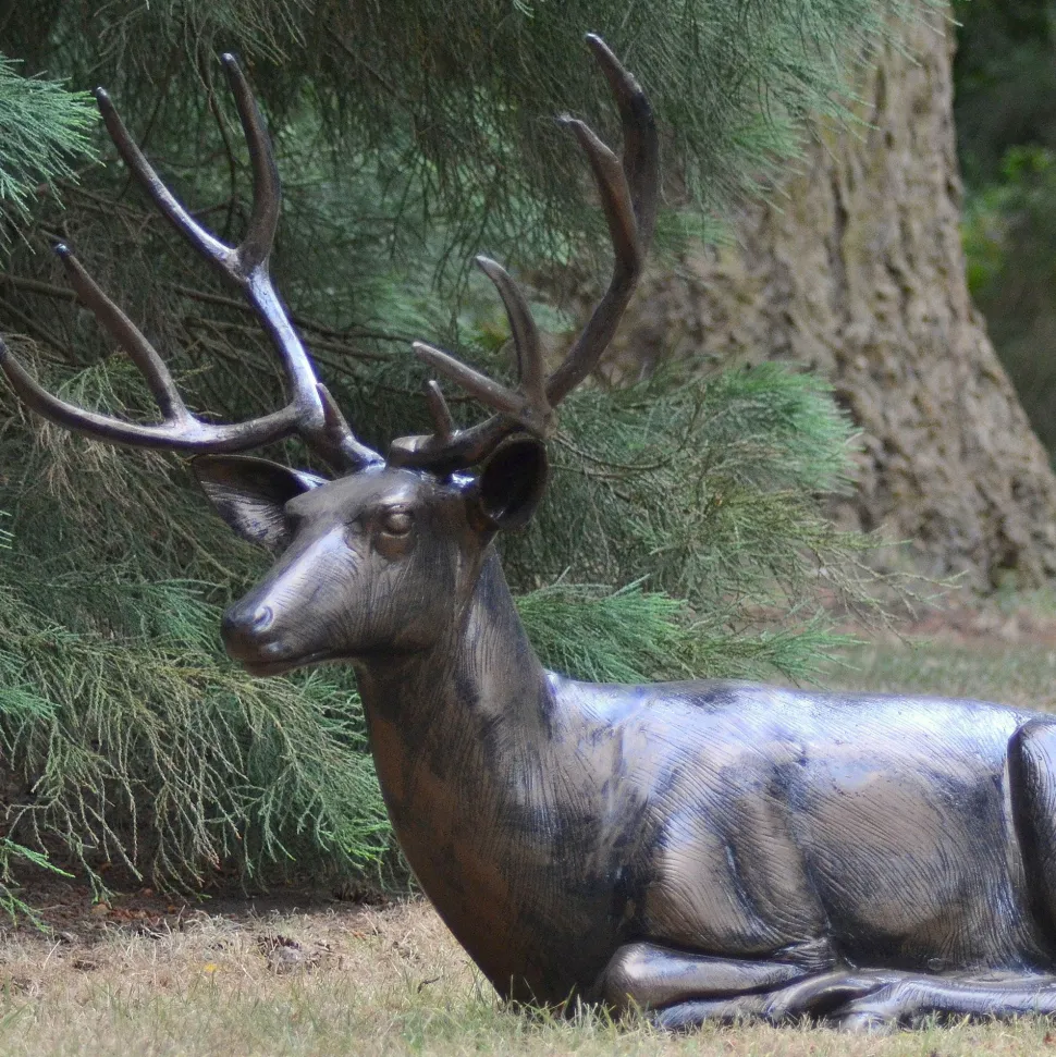 Laying Deer Stag Bronze Metal Garden Statue