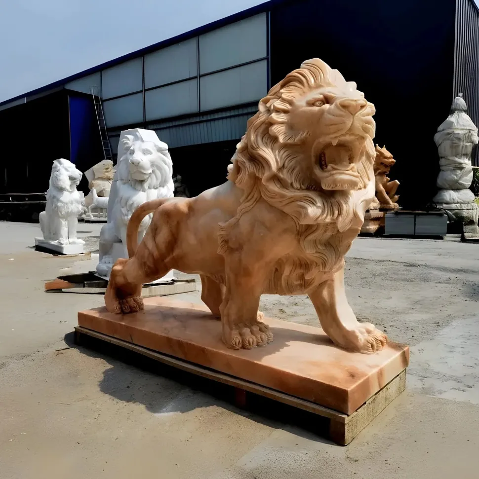 Majestic Lion 120cm Yellow Marble Garden Statue v2