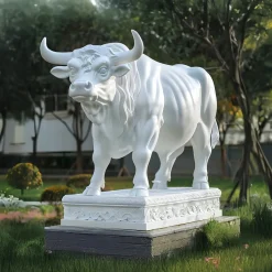 Regal Bull 120cm White Marble Garden Statue v1