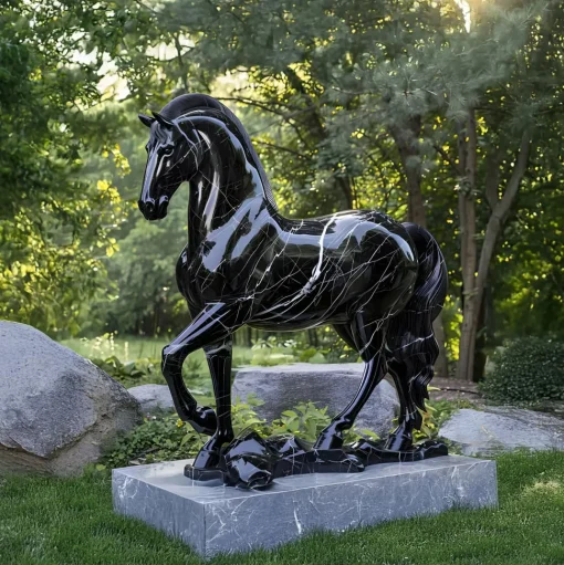 Regal Stallion 220cm Black Marble Garden Statue