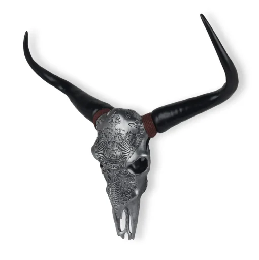 Sacred Buffalo 63cm Silver Resin Wall Sculpture