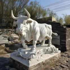 Titan Bull 150cm White Marble Garden Statue v1