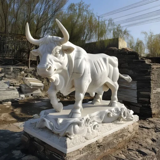 Titan Bull 150cm White Marble Garden Statue v1